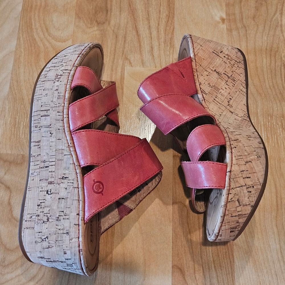 Born Wedge Sandals Womens 8 Pink Leather Cork Platform Slide Comfort Boho Vaca